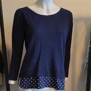 Lauren Ralph Lauren Navy 3/4 Sleeve Sweater w Polka Dot Asymmetrical Hem